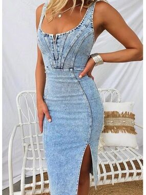 Utcoco Sleeveless Side Slit Bodycon Midi Jean Dress